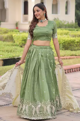 green zari embroidered crushed lehenga set choli with dupatta
