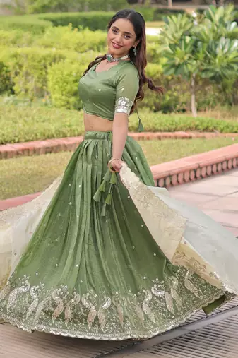 green zari embroidered crushed lehenga set choli with dupatta