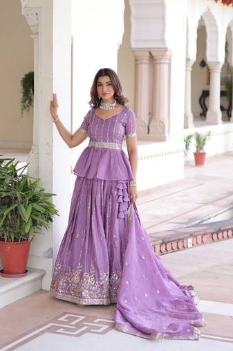 purple zari sequins embroidered lehenga choli with dupatta