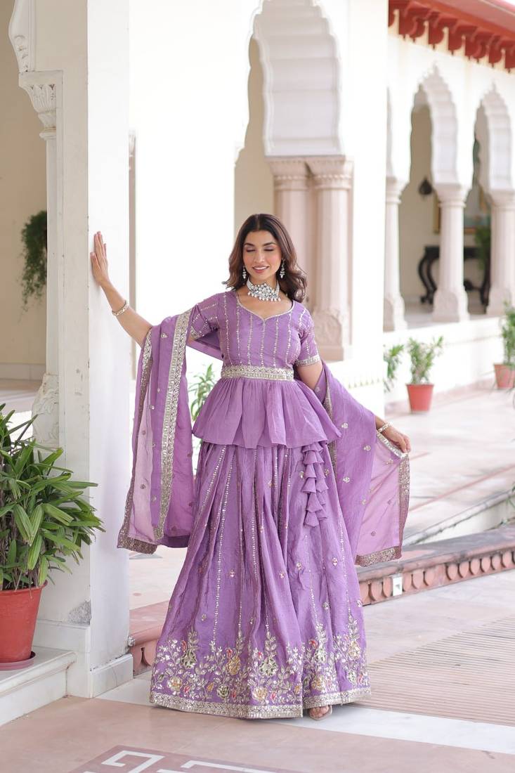 purple zari sequins embroidered lehenga choli with dupatta