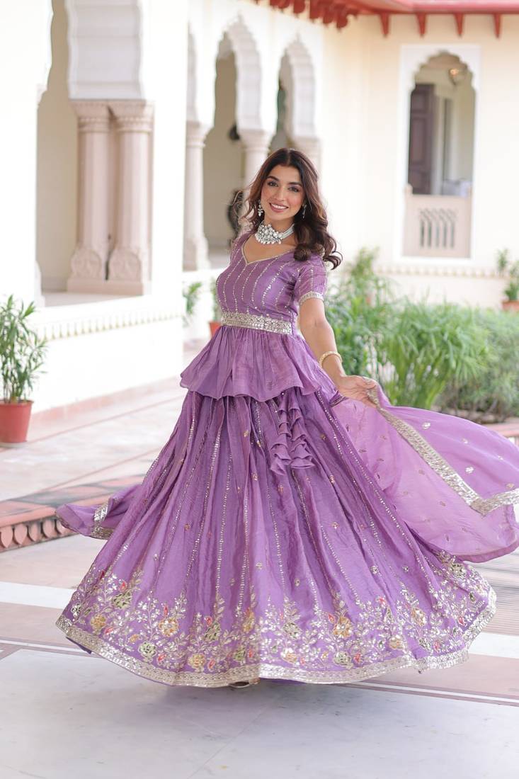purple zari sequins embroidered lehenga choli with dupatta