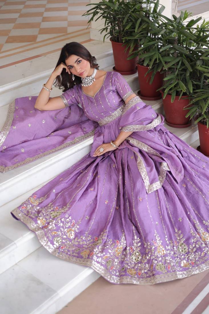 purple zari sequins embroidered lehenga choli with dupatta