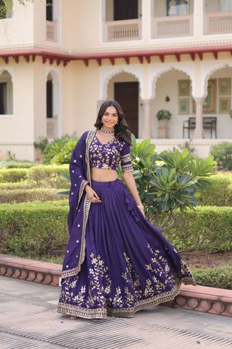 purple sequins vichitra silk lehenga with unstitched blouse & dupatta