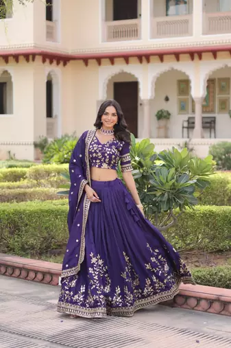 purple sequins vichitra silk lehenga with unstitched blouse & dupatta