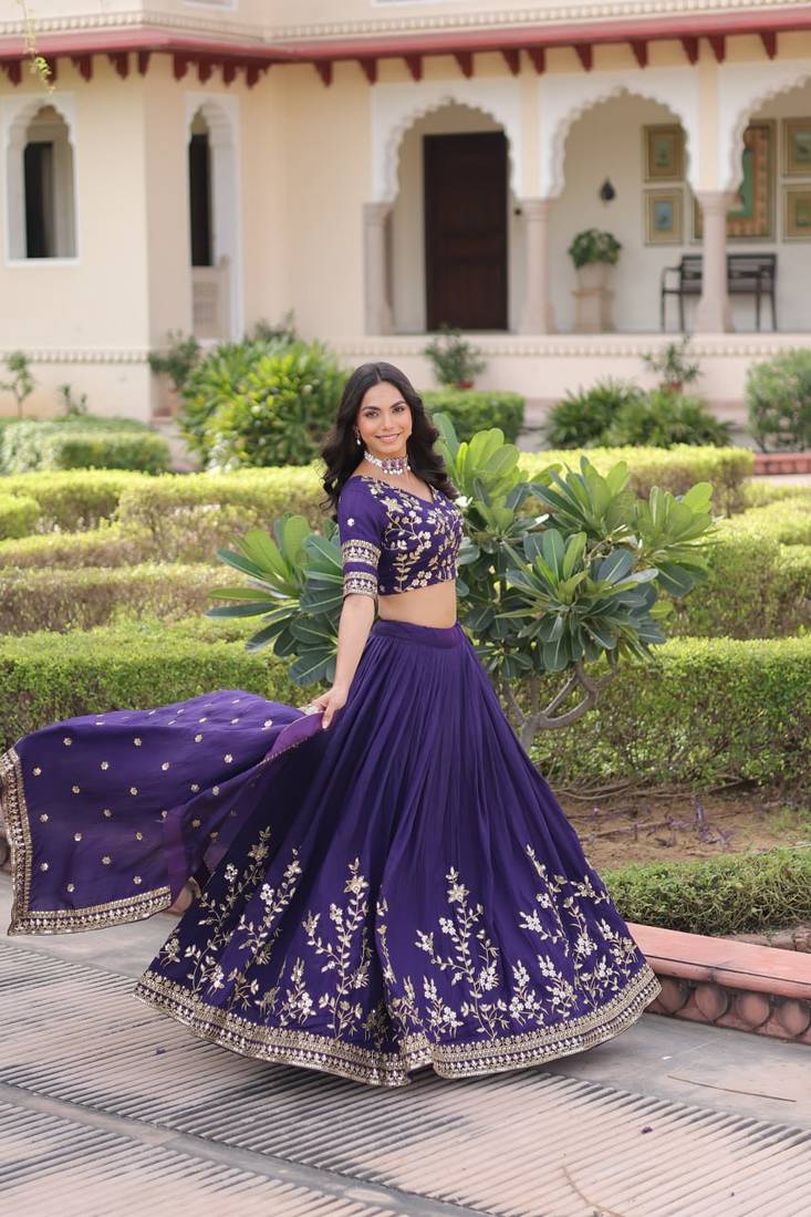 purple sequins vichitra silk lehenga with unstitched blouse & dupatta