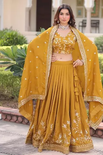 mustard sequins vichitra silk lehenga with unstitched blouse & dupatta