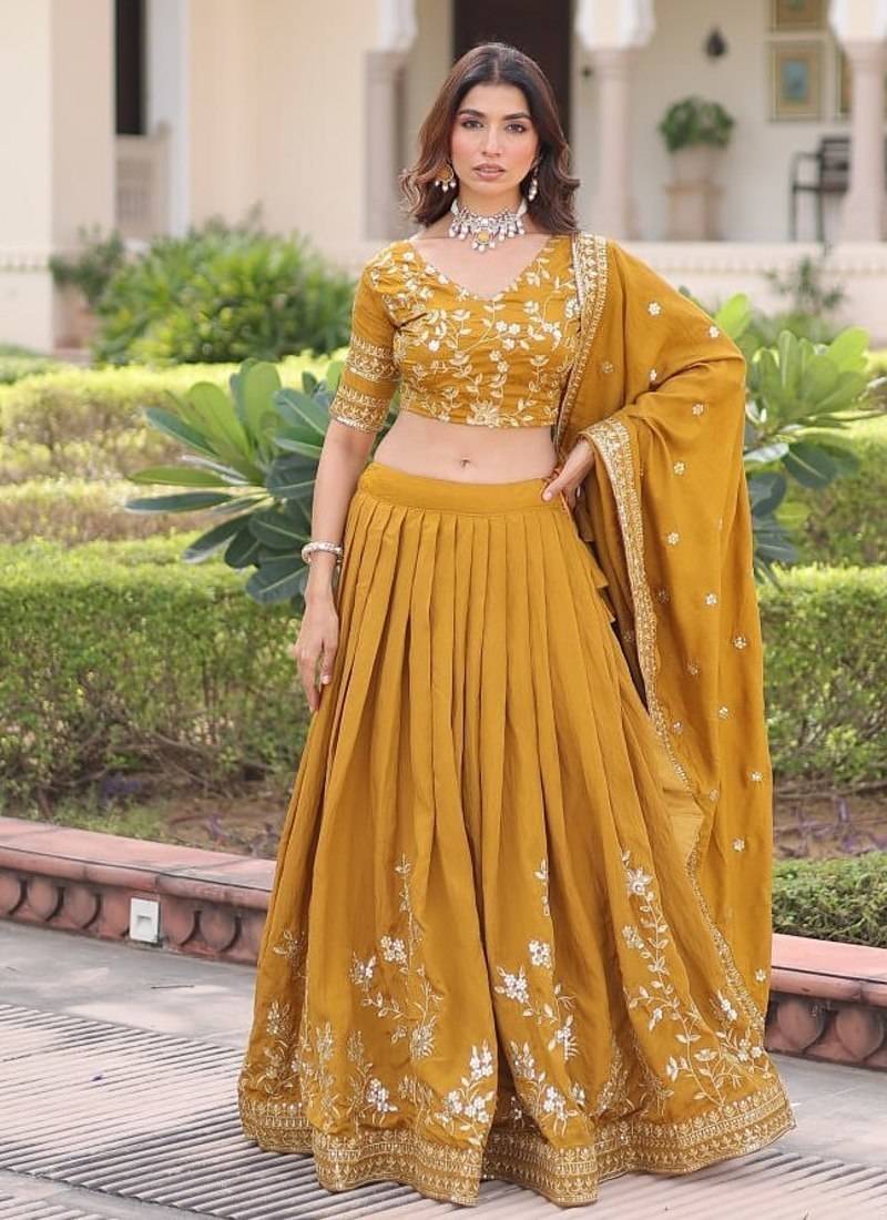 mustard sequins vichitra silk lehenga with unstitched blouse & dupatta
