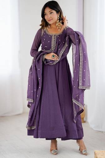 Lavender crunchy silk with embroidered zari dori work anarkali set