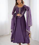 Lavender crunchy silk with embroidered zari dori work anarkali set
