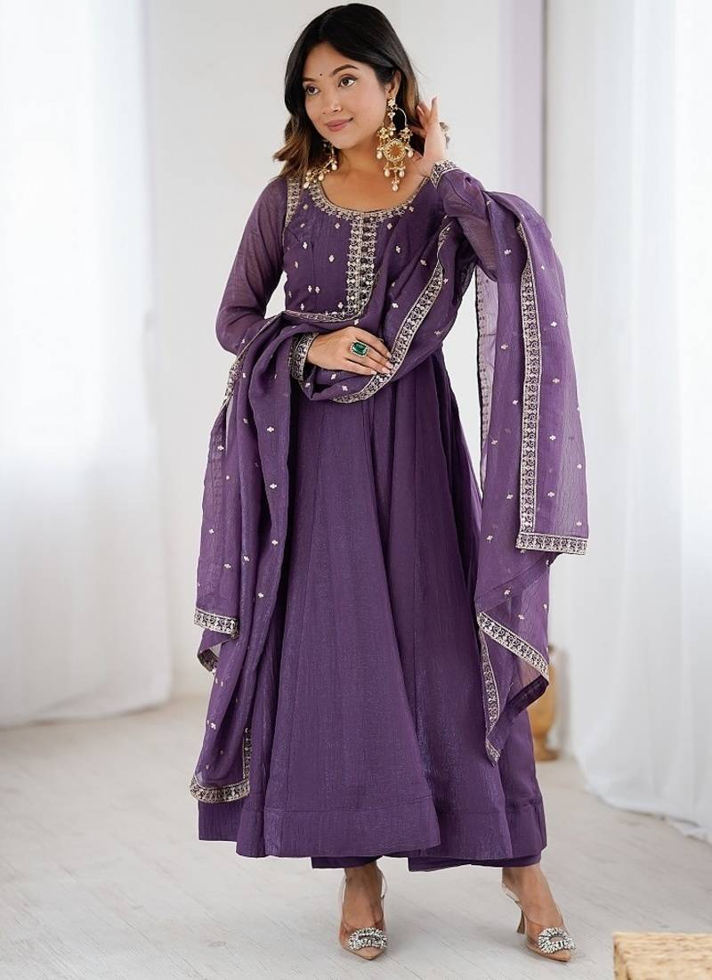 Lavender crunchy silk with embroidered zari dori work anarkali set