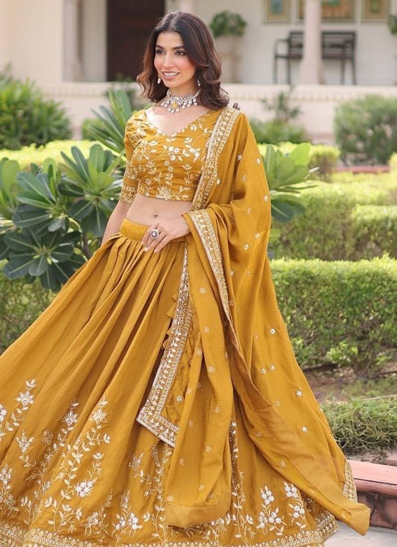 mustard sequins vichitra silk lehenga with unstitched blouse & dupatta