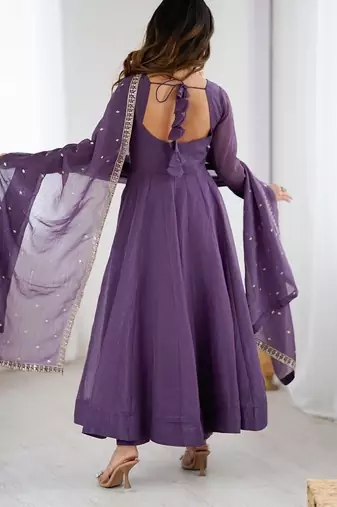 Lavender crunchy silk with embroidered zari dori work anarkali set