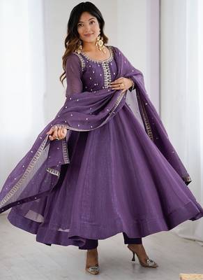 Lavender crunchy silk with embroidered zari dori work anarkali set 3