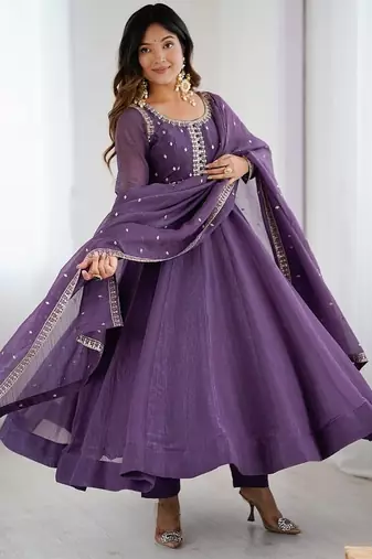 Lavender crunchy silk with embroidered zari dori work anarkali set