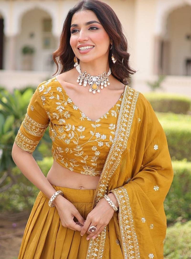 mustard sequins vichitra silk lehenga with unstitched blouse & dupatta