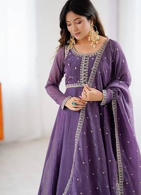 Lavender crunchy silk with embroidered zari dori work anarkali set 4