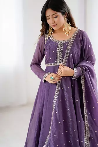Lavender crunchy silk with embroidered zari dori work anarkali set