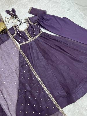 Lavender crunchy silk with embroidered zari dori work anarkali set 5
