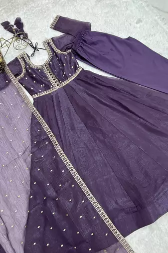 Lavender crunchy silk with embroidered zari dori work anarkali set
