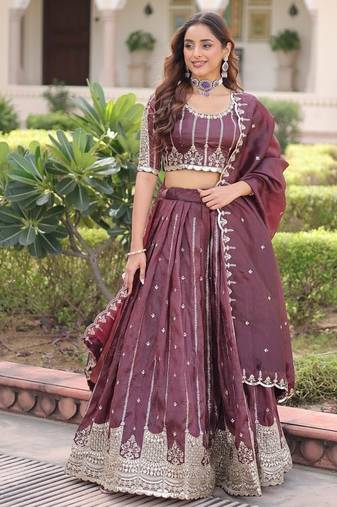 burgundy wine embroidered lehenga choli with dupatta