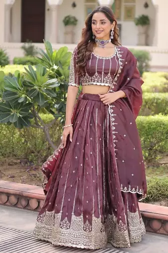 burgundy wine embroidered lehenga choli with dupatta