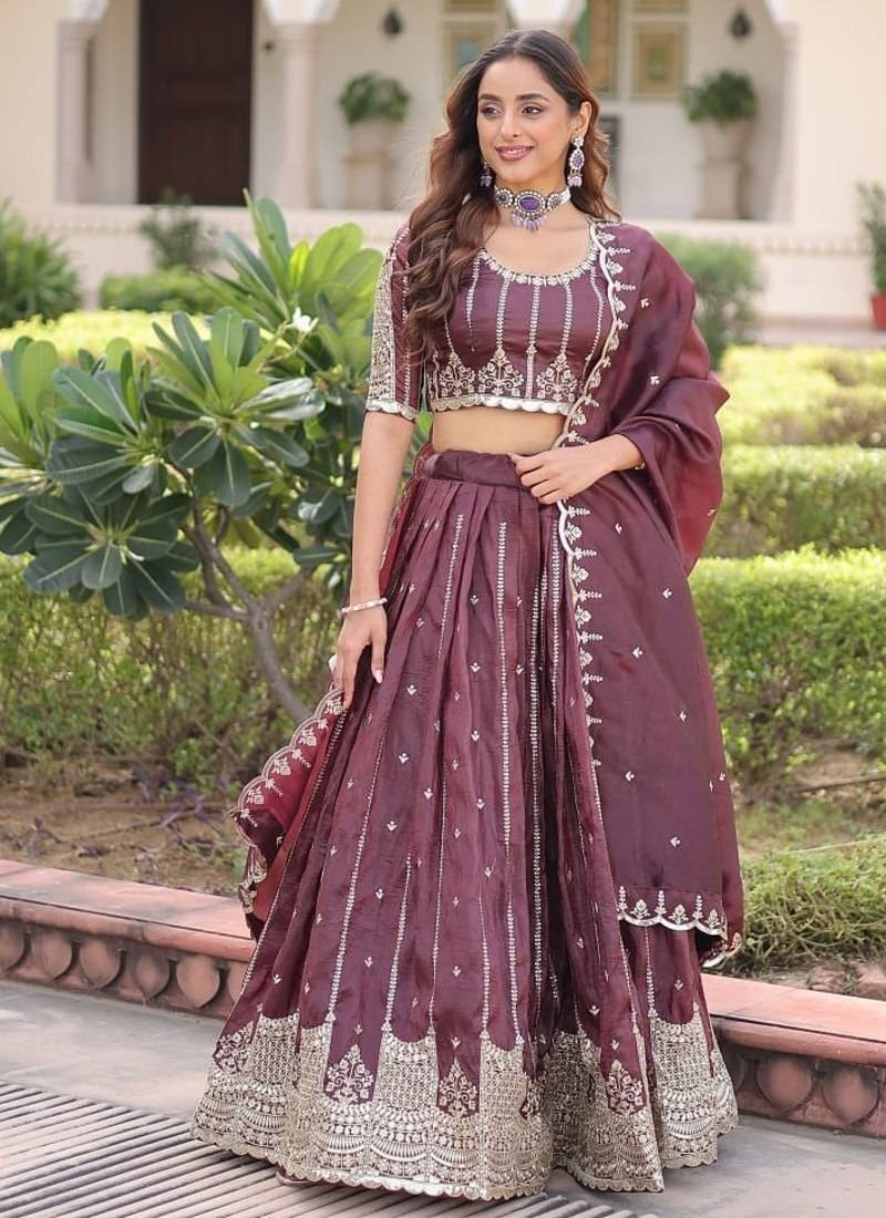 burgundy wine embroidered lehenga choli with dupatta