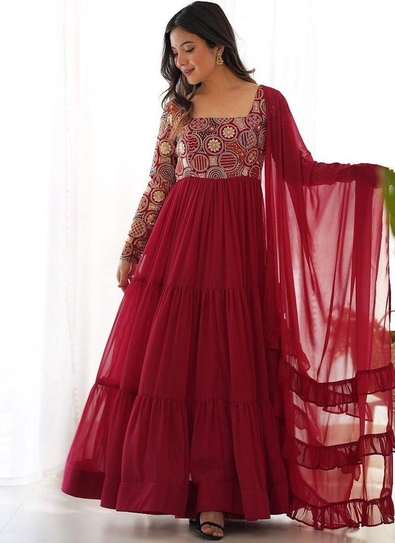  maroon embroidered anarkali kurta with dupatta