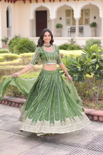olive green gold embroidered lehenga choli with dupatta