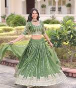 olive green gold embroidered lehenga choli with dupatta