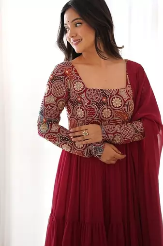  maroon embroidered anarkali kurta with dupatta