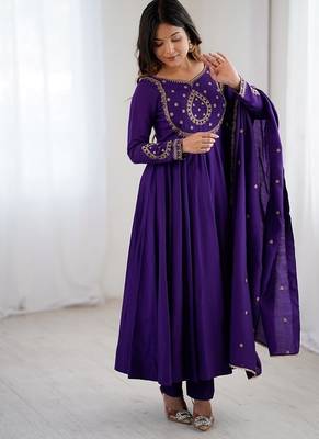  purple embroidered beads work anarkali kurta with dupatta 1