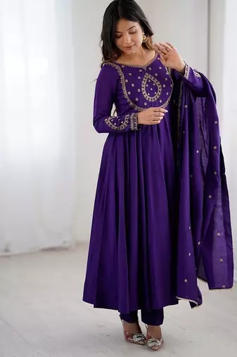  purple embroidered beads work anarkali kurta with dupatta