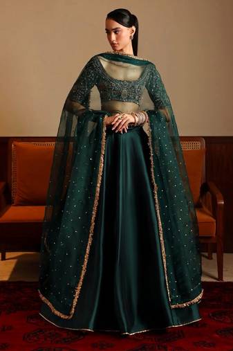 green malai satin lehenga choli with dupatta