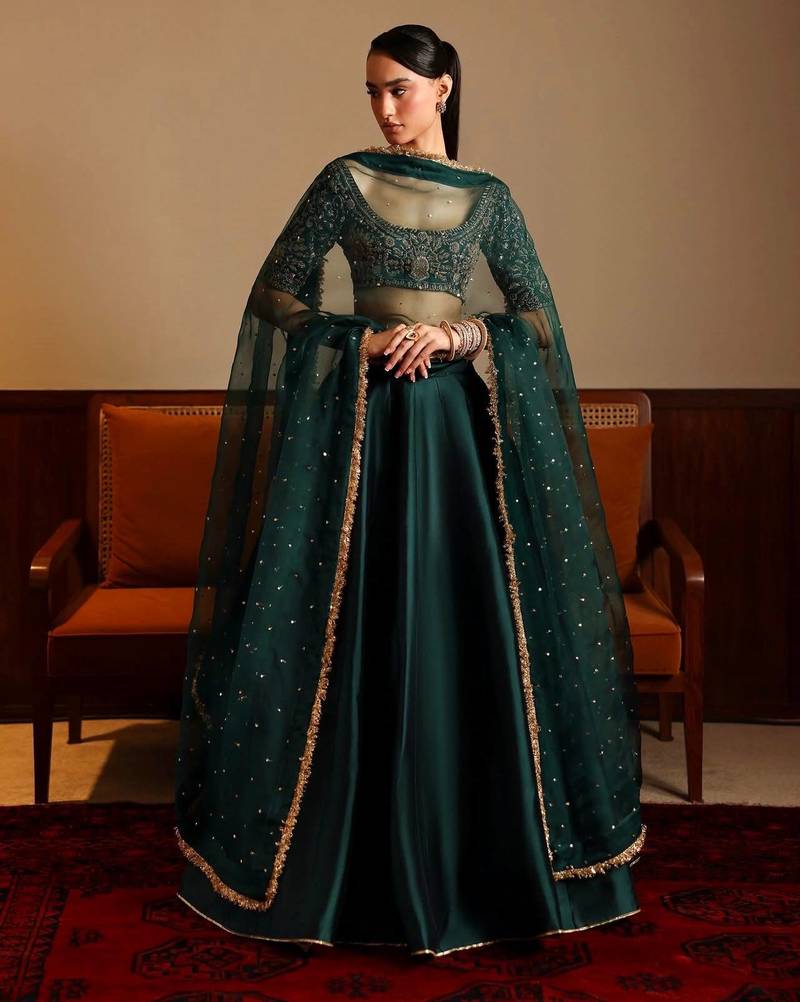 green malai satin lehenga choli with dupatta