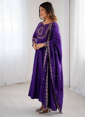  purple embroidered beads work anarkali kurta with dupatta 2