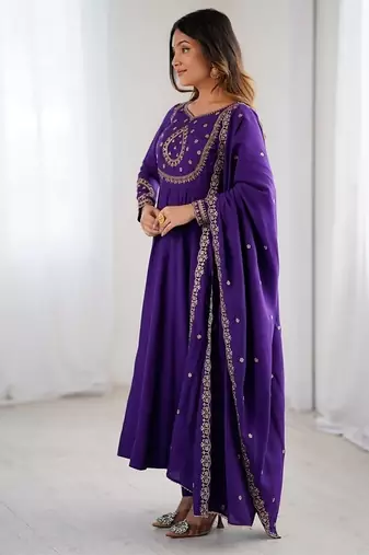  purple embroidered beads work anarkali kurta with dupatta