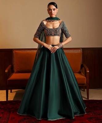 green malai satin lehenga choli with dupatta 3