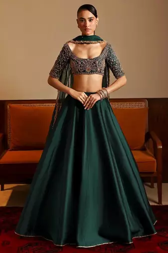 green malai satin lehenga choli with dupatta