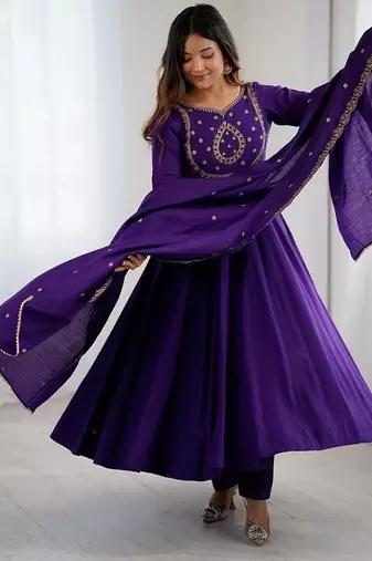  purple embroidered beads work anarkali kurta with dupatta