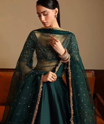 green malai satin lehenga choli with dupatta 4