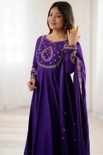  purple embroidered beads work anarkali kurta with dupatta