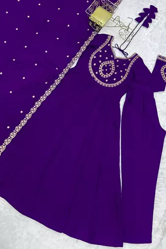  purple embroidered beads work anarkali kurta with dupatta
