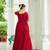 Red designer faux blooming embroidered gown with bead work
