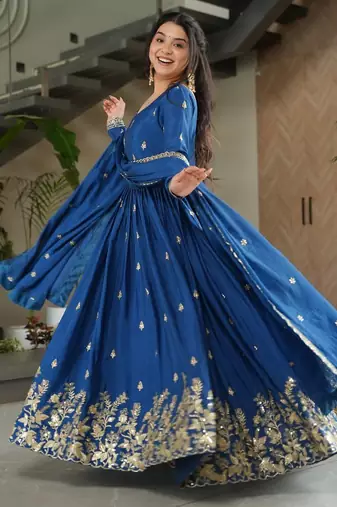 Blue chinnon sequence embroidered gown