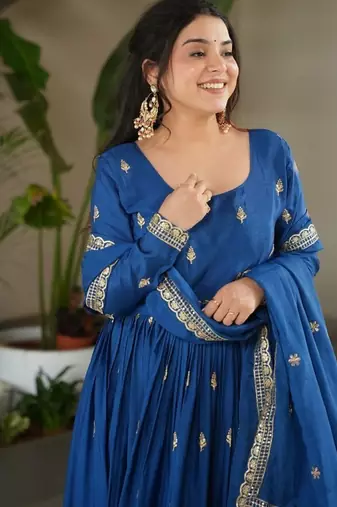 Blue chinnon sequence embroidered gown