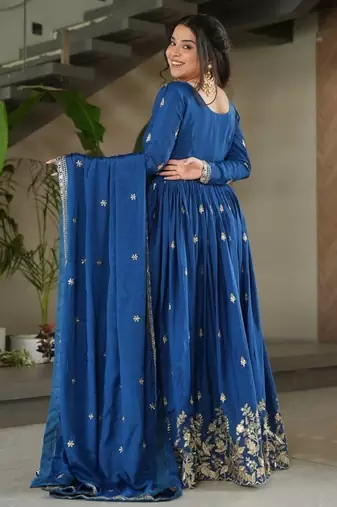 Blue chinnon sequence embroidered gown