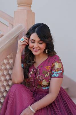 Pink crunchy silk thread embroidered koti anarkali gown festive wear 4
