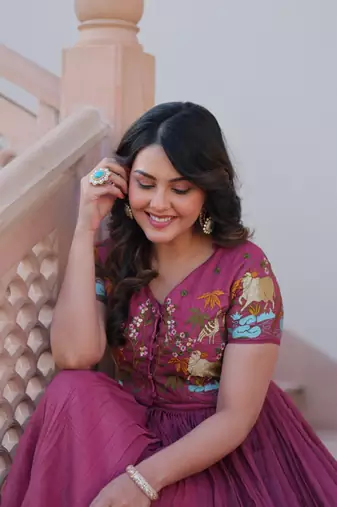 Pink crunchy silk thread embroidered koti anarkali gown festive wear