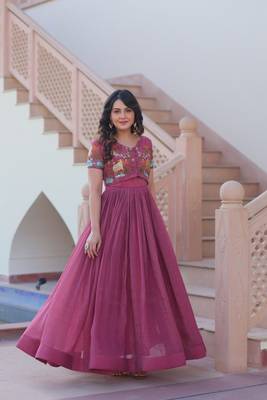 Pink crunchy silk thread embroidered koti anarkali gown festive wear 5