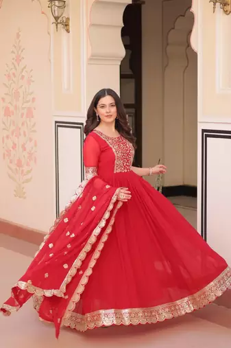 Red faux blooming embroidered gown set with designer dupatta